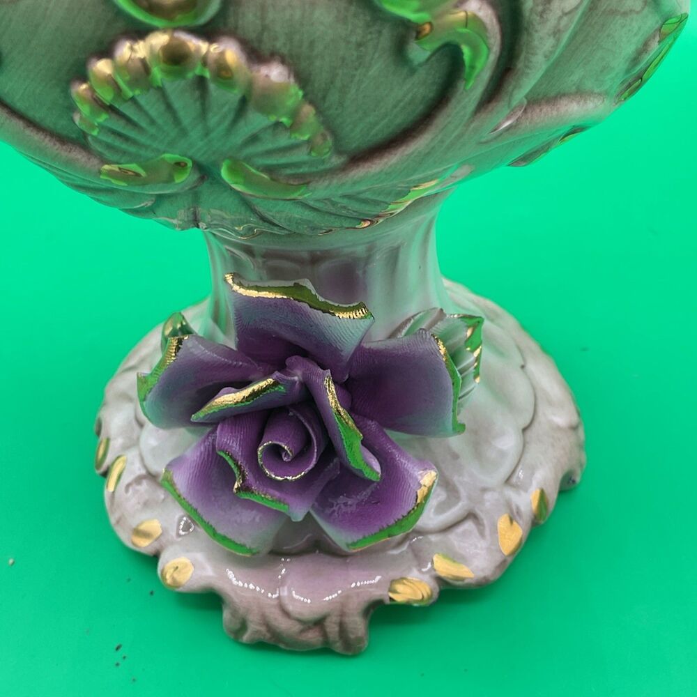 Vintage Porcelain Capodimonie Italian Floral Vase With Three Roses Two Handle - Picture 10 of 17